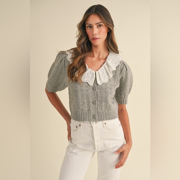 Mable Sweaters - Mable Adley Lace Collar Cardigan Gray Cable Knit Eyelet Collar Large